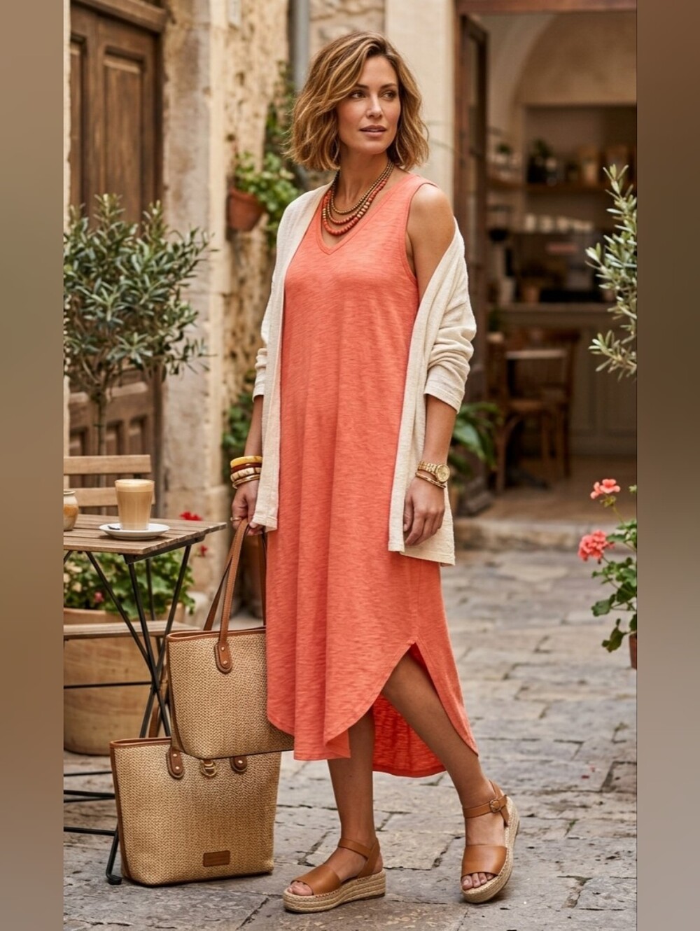 Natural Reflections Coral V-Neck Slub Knit Sleeveless Midi Tank Dress